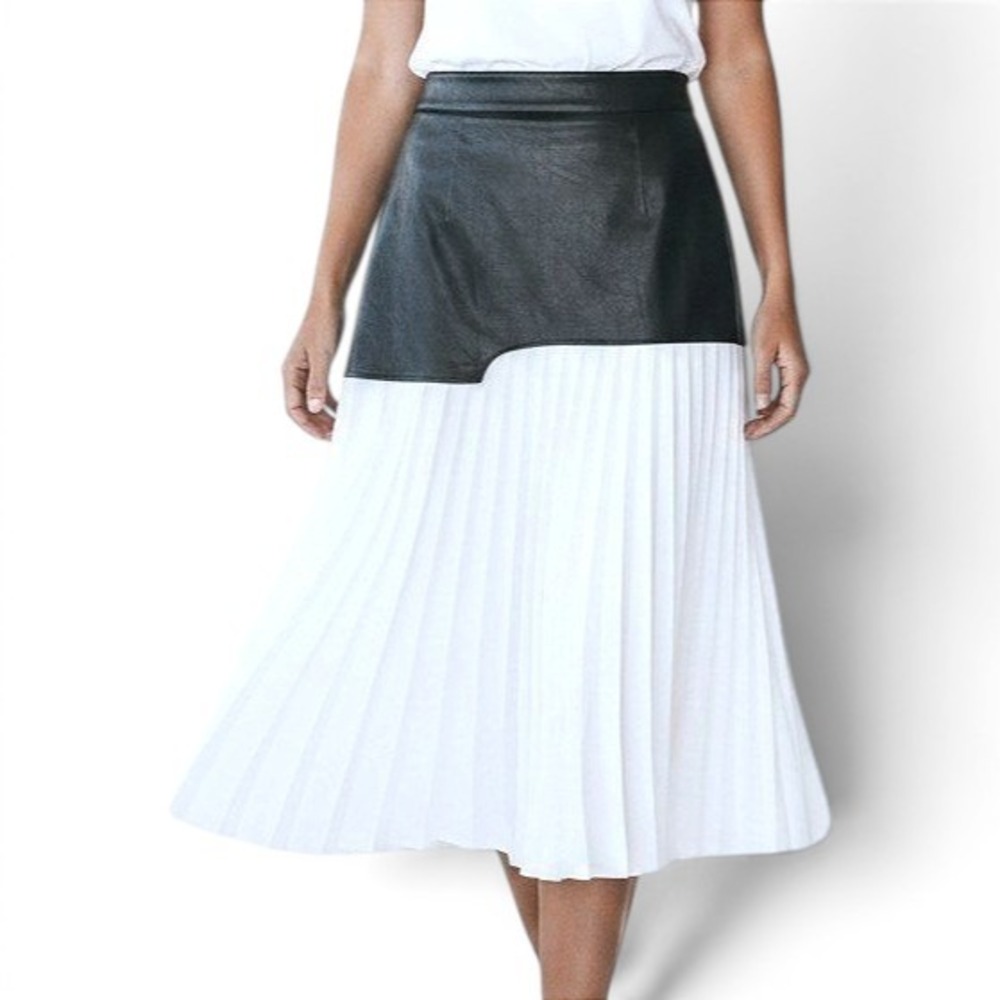 Commense‎ Faux Leather Pleated Asymmetrical Maxi Skirt Black White Mixed Media L